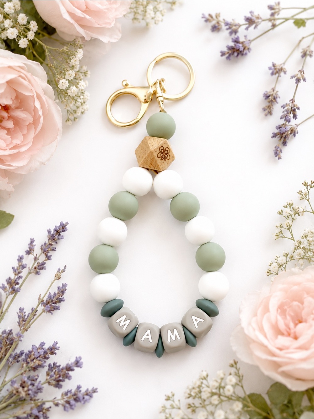 MAMA Silicone Bead Wristlet Keychain Sage Green Wooden Floral Accent